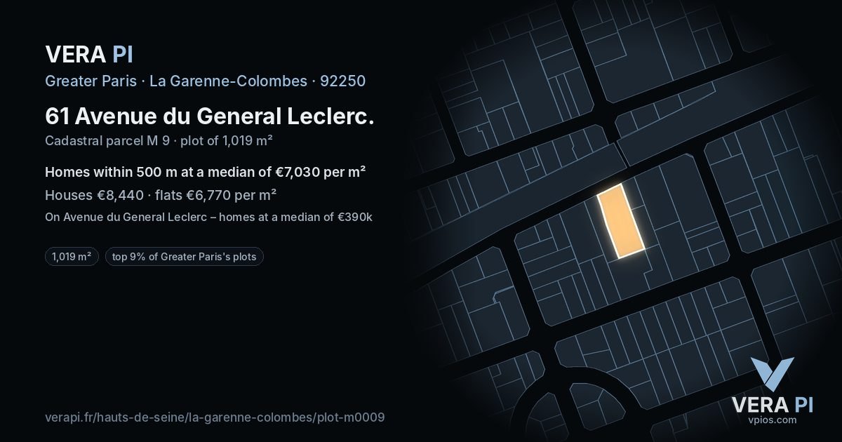 61 Avenue du General Leclerc, La Garenne-Colombes at night – the plot lit, the parcels around coloured by the prices near them