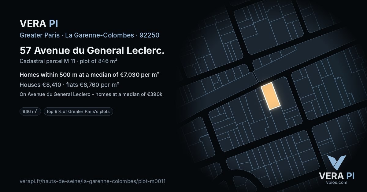 57 Avenue du General Leclerc, La Garenne-Colombes at night – the plot lit, the parcels around coloured by the prices near them