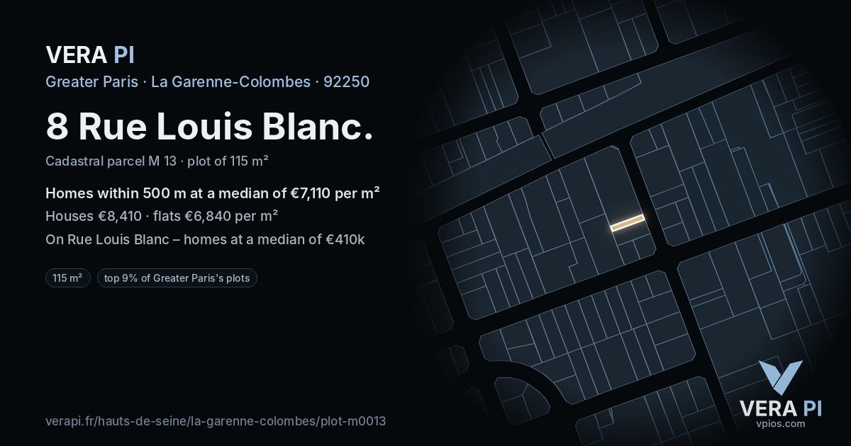 8 Rue Louis Blanc, La Garenne-Colombes at night – the plot lit, the parcels around coloured by the prices near them