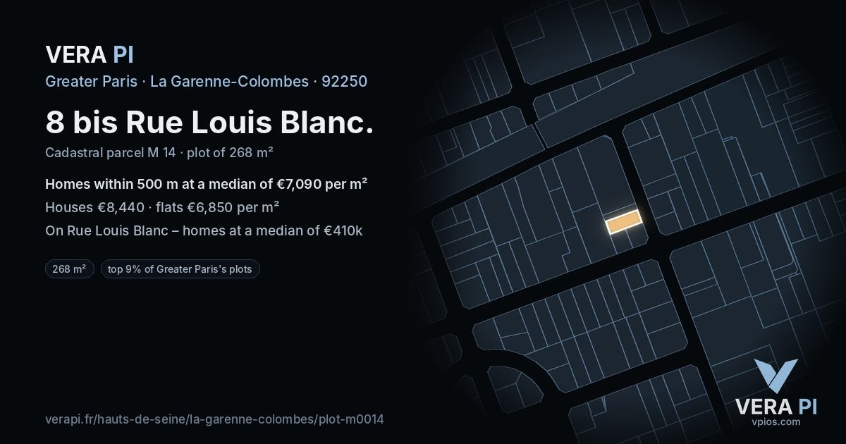 8 bis Rue Louis Blanc, La Garenne-Colombes at night – the plot lit, the parcels around coloured by the prices near them