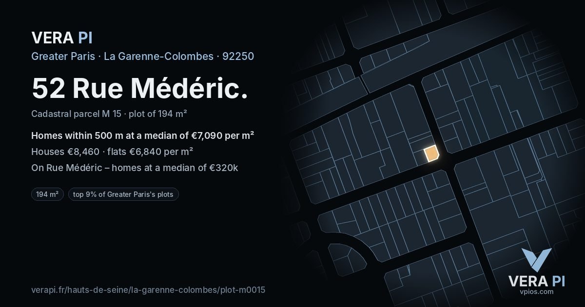52 Rue Médéric, La Garenne-Colombes at night – the plot lit, the parcels around coloured by the prices near them