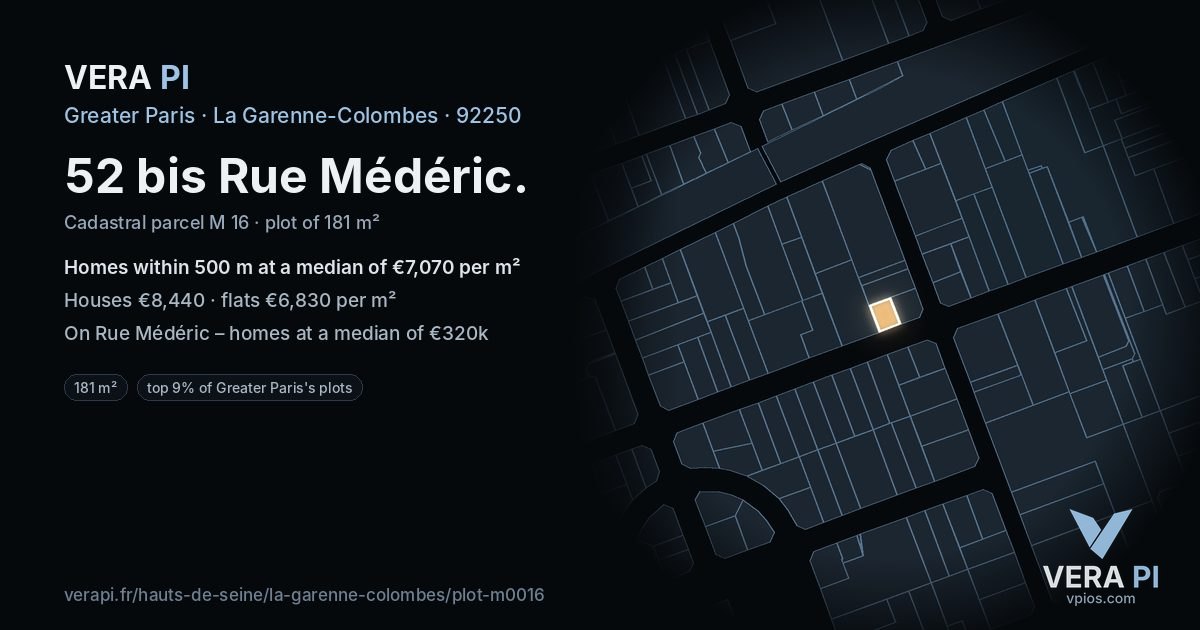 52 bis Rue Médéric, La Garenne-Colombes at night – the plot lit, the parcels around coloured by the prices near them