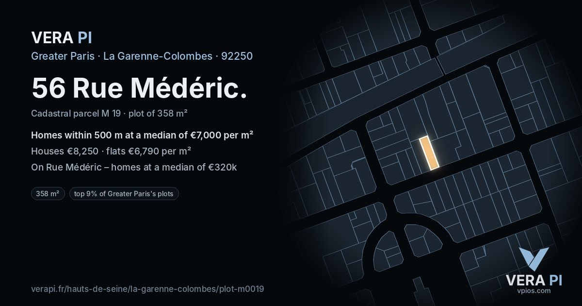 56 Rue Médéric, La Garenne-Colombes at night – the plot lit, the parcels around coloured by the prices near them