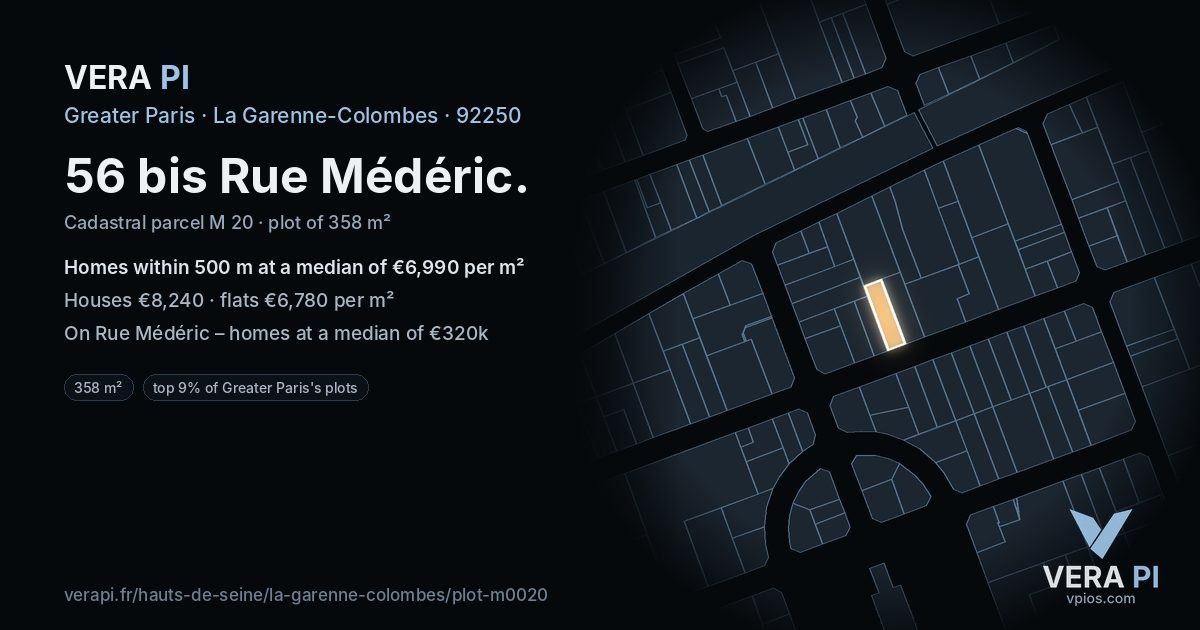 56 bis Rue Médéric, La Garenne-Colombes at night – the plot lit, the parcels around coloured by the prices near them