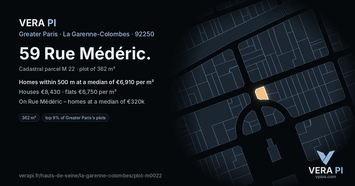 59 Rue Médéric, La Garenne-Colombes at night – the plot lit, the parcels around coloured by the prices near them