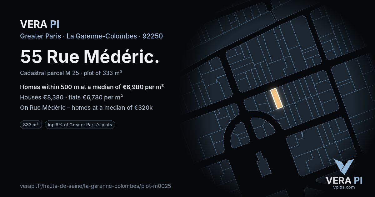 55 Rue Médéric, La Garenne-Colombes at night – the plot lit, the parcels around coloured by the prices near them