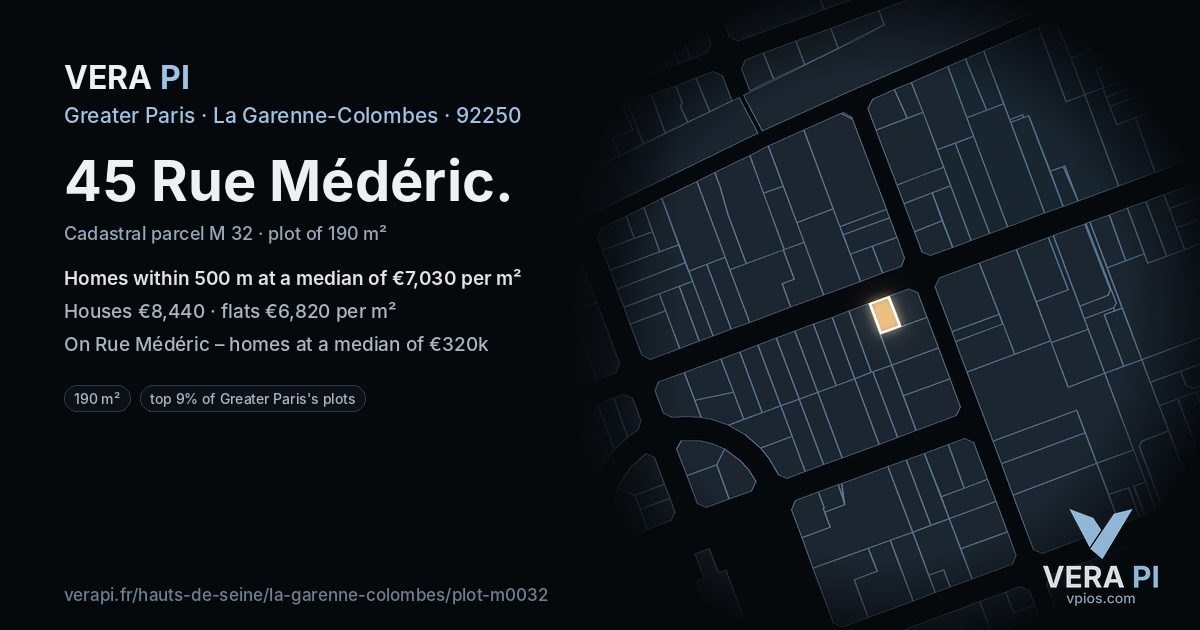 45 Rue Médéric, La Garenne-Colombes at night – the plot lit, the parcels around coloured by the prices near them
