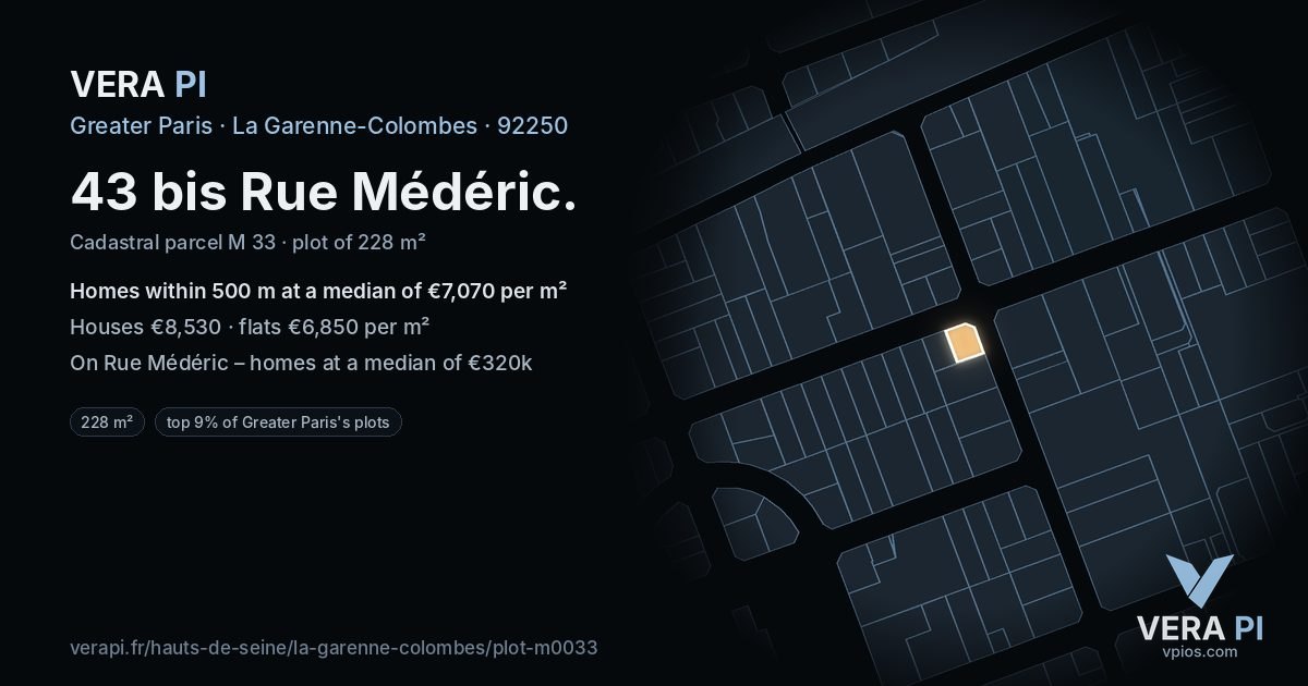 43 bis Rue Médéric, La Garenne-Colombes at night – the plot lit, the parcels around coloured by the prices near them