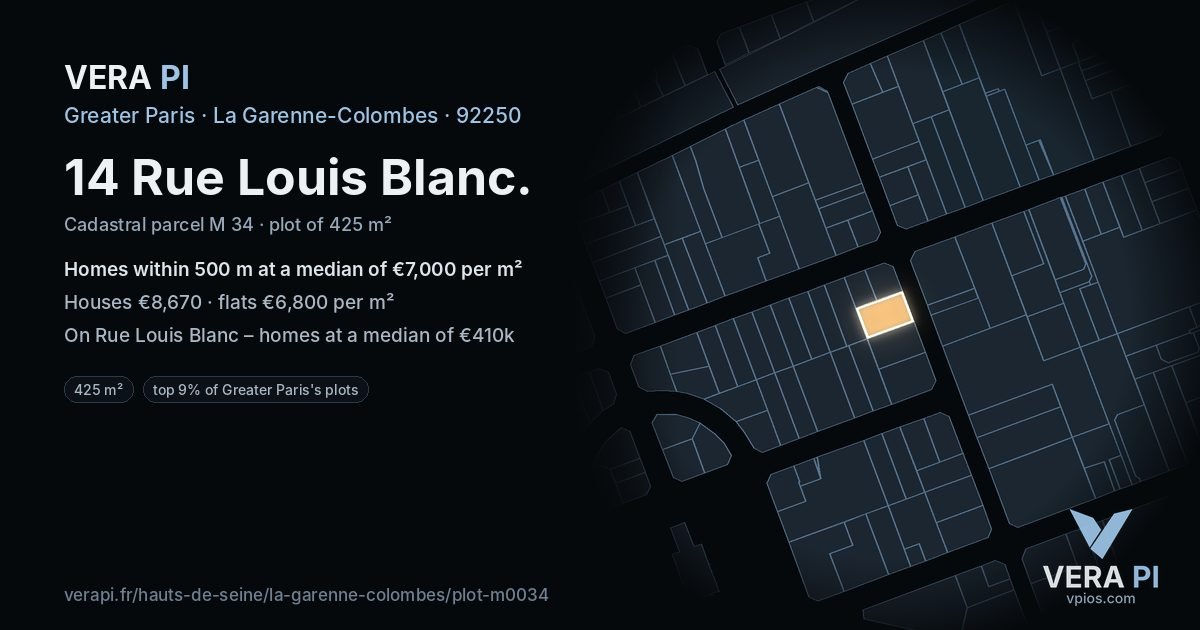14 Rue Louis Blanc, La Garenne-Colombes at night – the plot lit, the parcels around coloured by the prices near them
