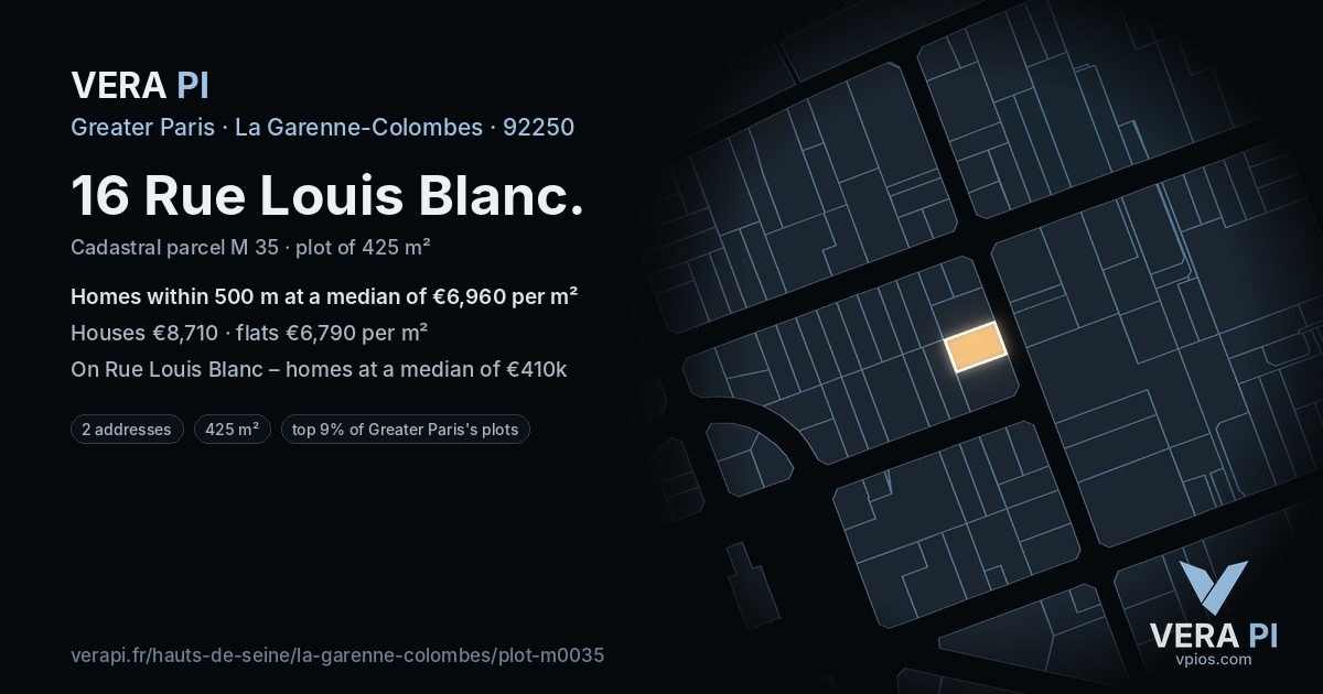 16 Rue Louis Blanc, La Garenne-Colombes at night – the plot lit, the parcels around coloured by the prices near them