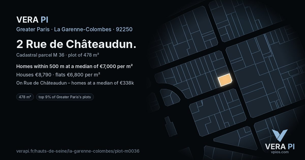2 Rue de Châteaudun, La Garenne-Colombes at night – the plot lit, the parcels around coloured by the prices near them