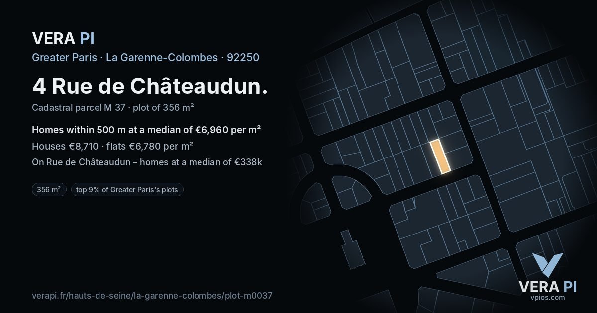 4 Rue de Châteaudun, La Garenne-Colombes at night – the plot lit, the parcels around coloured by the prices near them