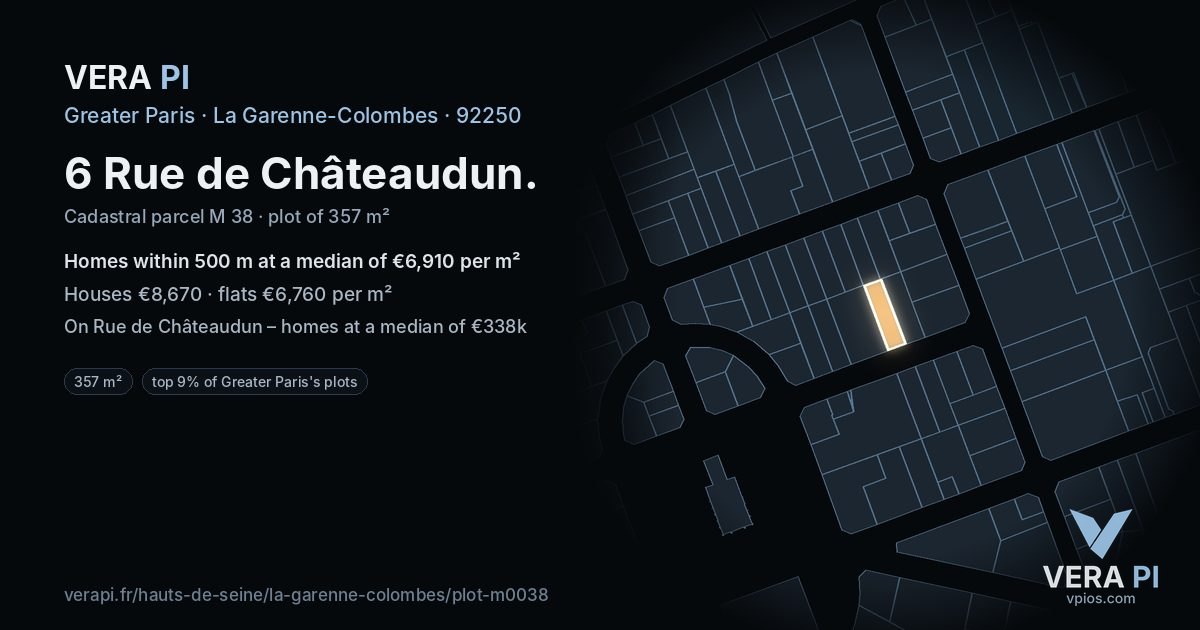 6 Rue de Châteaudun, La Garenne-Colombes at night – the plot lit, the parcels around coloured by the prices near them