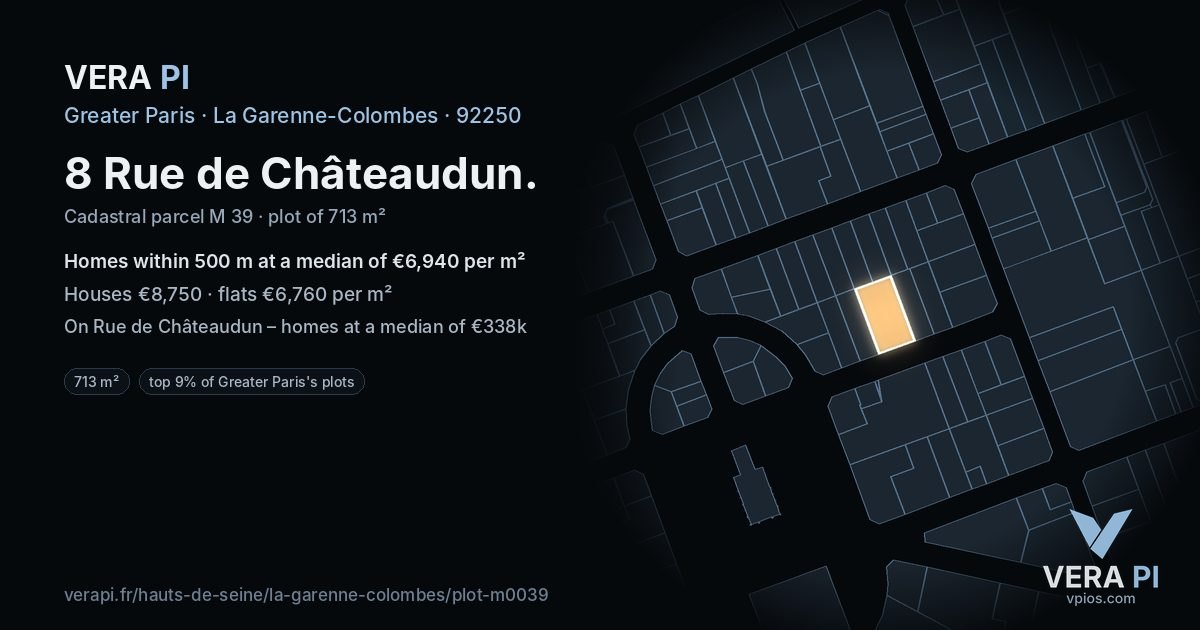 8 Rue de Châteaudun, La Garenne-Colombes at night – the plot lit, the parcels around coloured by the prices near them