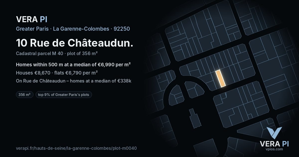 10 Rue de Châteaudun, La Garenne-Colombes at night – the plot lit, the parcels around coloured by the prices near them