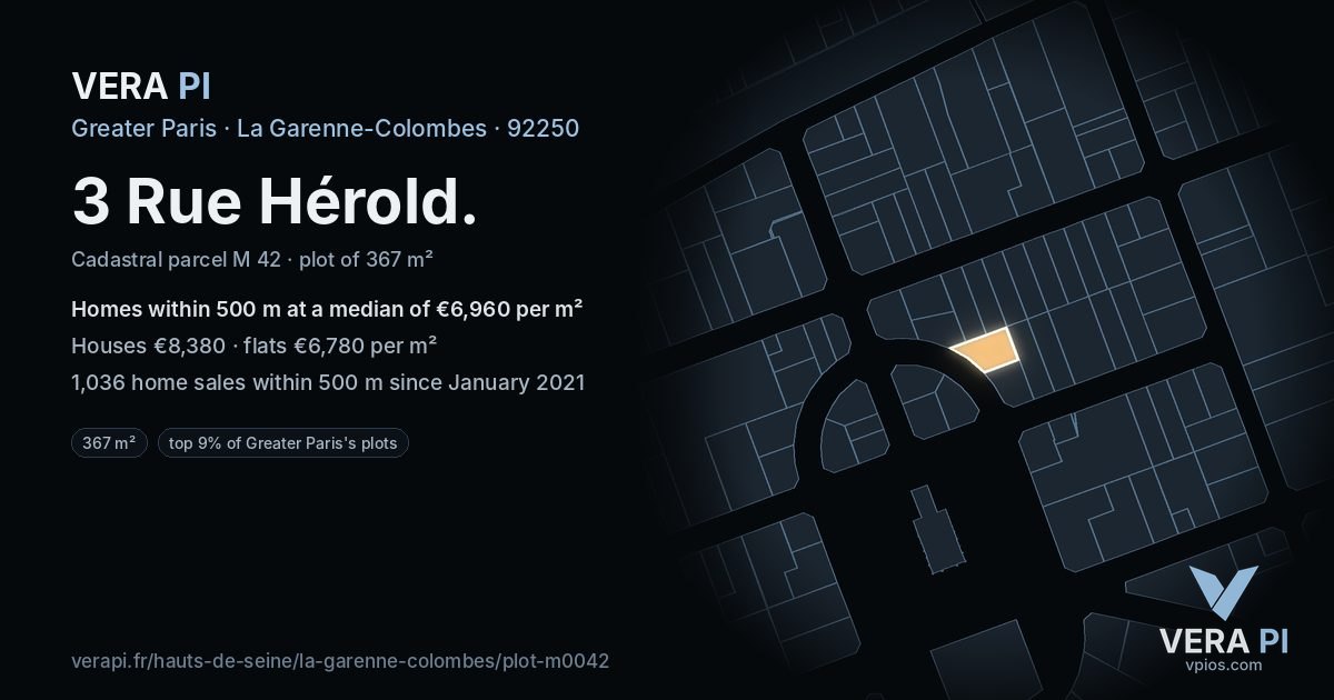 3 Rue Hérold, La Garenne-Colombes at night – the plot lit, the parcels around coloured by the prices near them