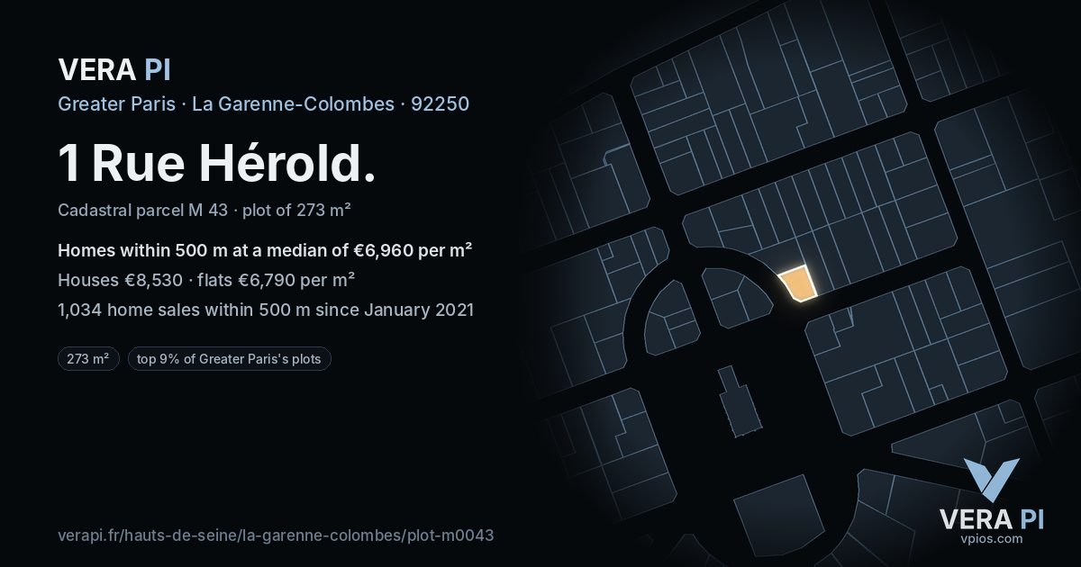 1 Rue Hérold, La Garenne-Colombes at night – the plot lit, the parcels around coloured by the prices near them