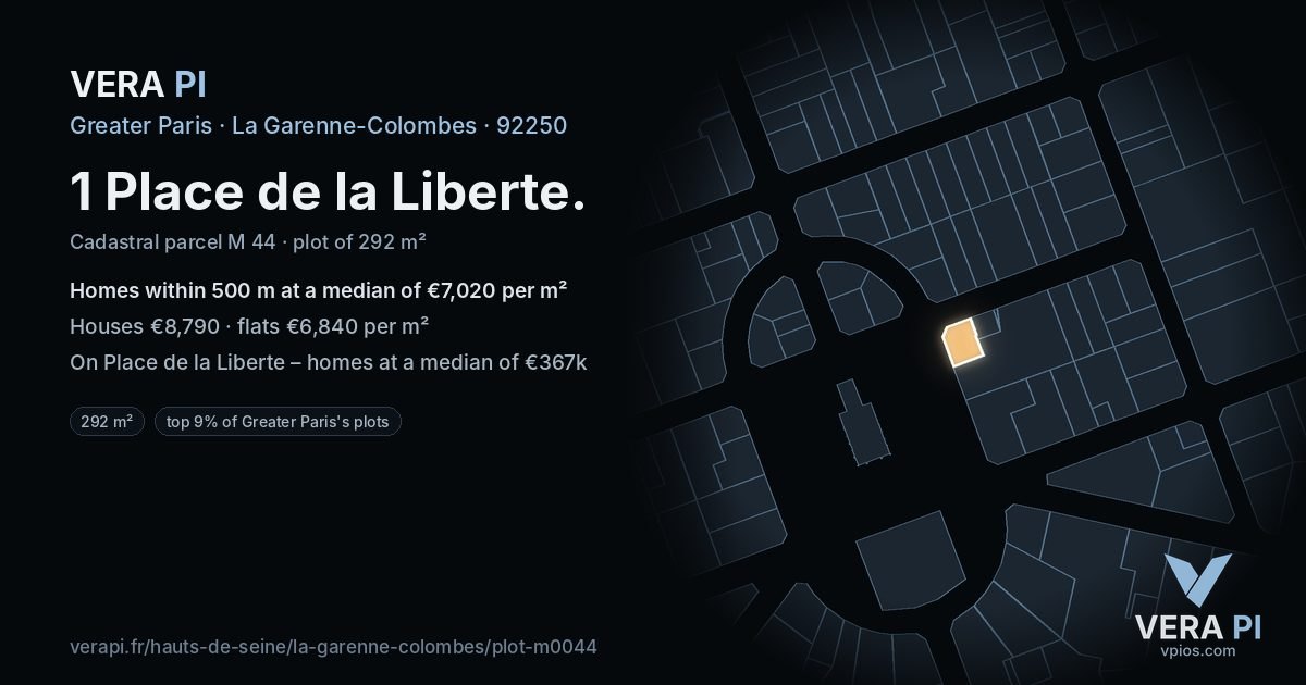 1 Place de la Liberte, La Garenne-Colombes at night – the plot lit, the parcels around coloured by the prices near them