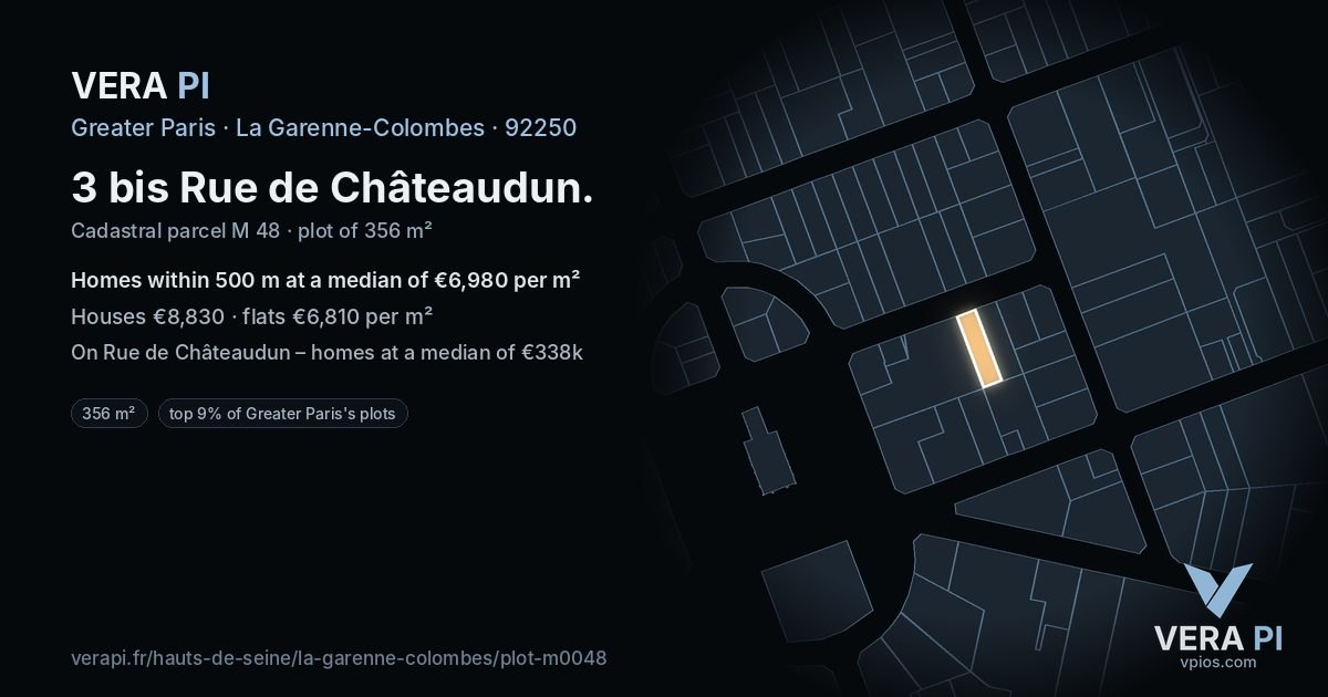 3 bis Rue de Châteaudun, La Garenne-Colombes at night – the plot lit, the parcels around coloured by the prices near them