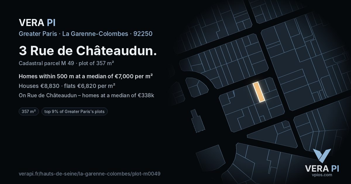 3 Rue de Châteaudun, La Garenne-Colombes at night – the plot lit, the parcels around coloured by the prices near them