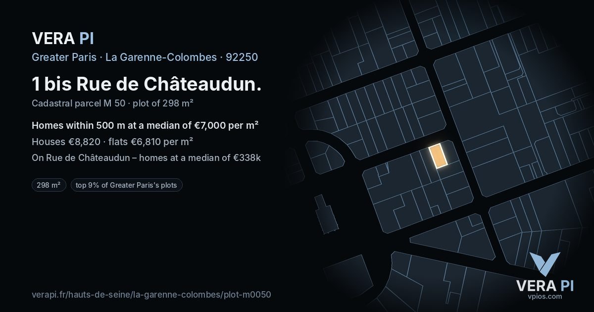 1 bis Rue de Châteaudun, La Garenne-Colombes at night – the plot lit, the parcels around coloured by the prices near them