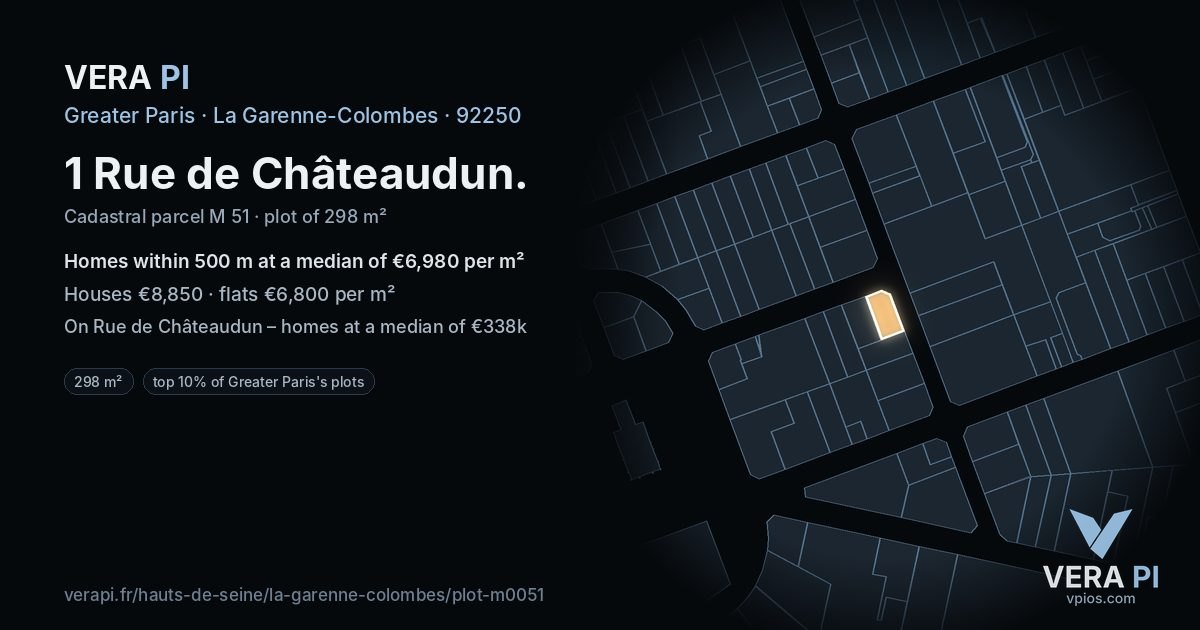 1 Rue de Châteaudun, La Garenne-Colombes at night – the plot lit, the parcels around coloured by the prices near them