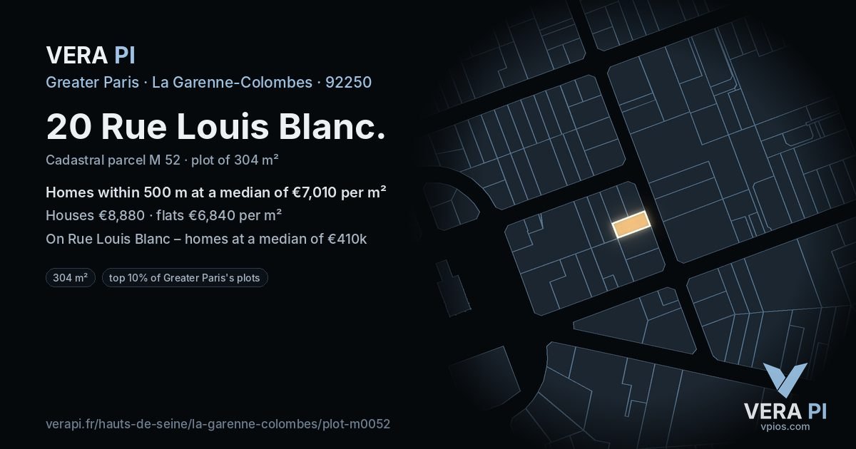 20 Rue Louis Blanc, La Garenne-Colombes at night – the plot lit, the parcels around coloured by the prices near them