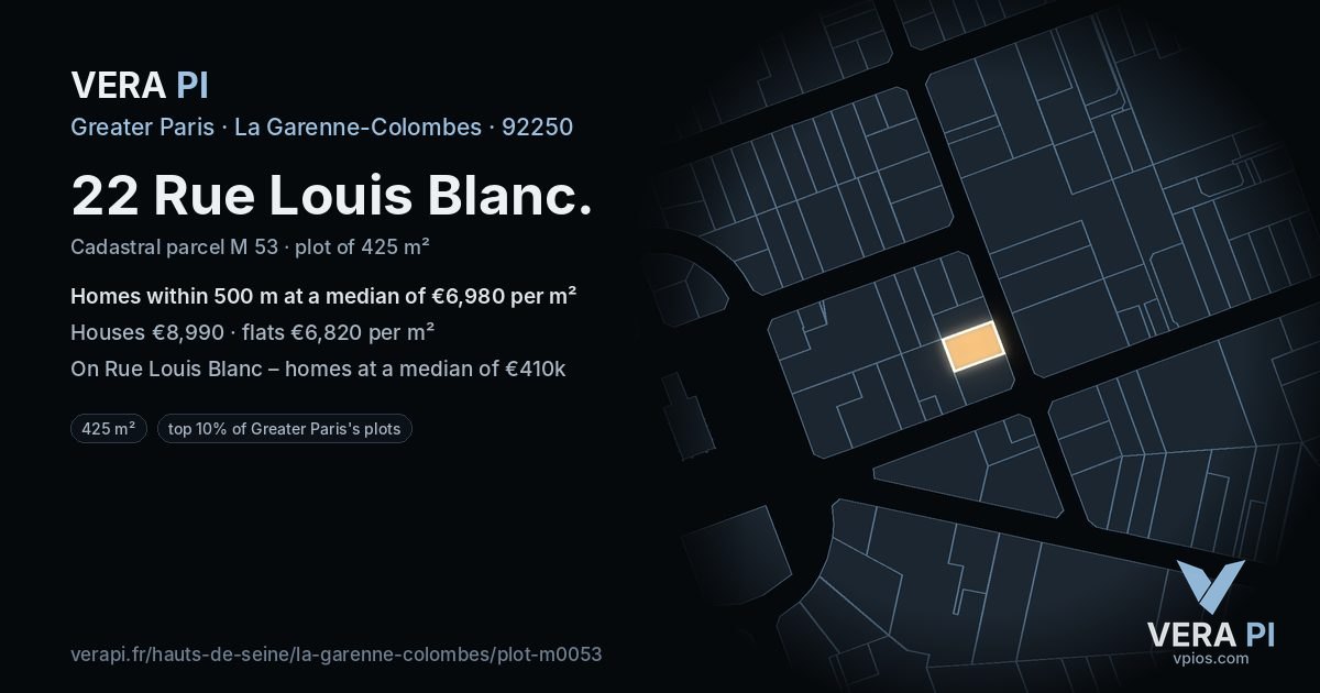 22 Rue Louis Blanc, La Garenne-Colombes at night – the plot lit, the parcels around coloured by the prices near them