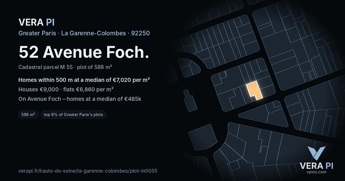 52 Avenue Foch, La Garenne-Colombes at night – the plot lit, the parcels around coloured by the prices near them