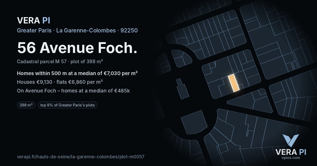 56 Avenue Foch, La Garenne-Colombes at night – the plot lit, the parcels around coloured by the prices near them