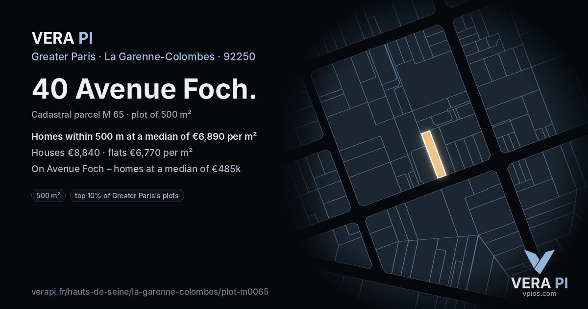 40 Avenue Foch, La Garenne-Colombes at night – the plot lit, the parcels around coloured by the prices near them