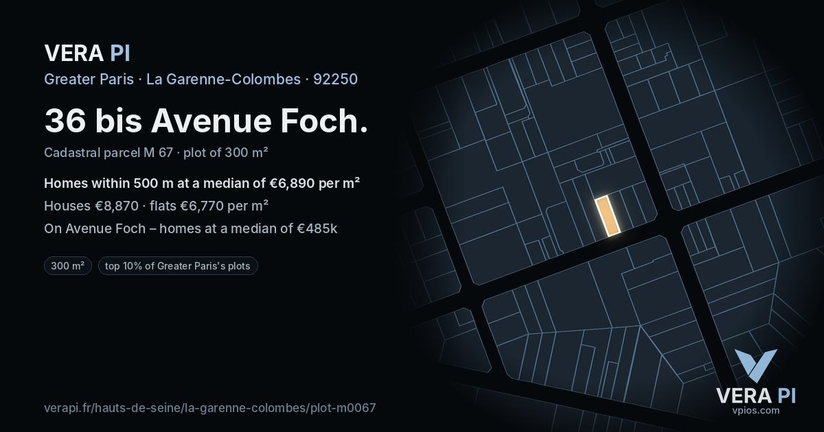 36 bis Avenue Foch, La Garenne-Colombes at night – the plot lit, the parcels around coloured by the prices near them