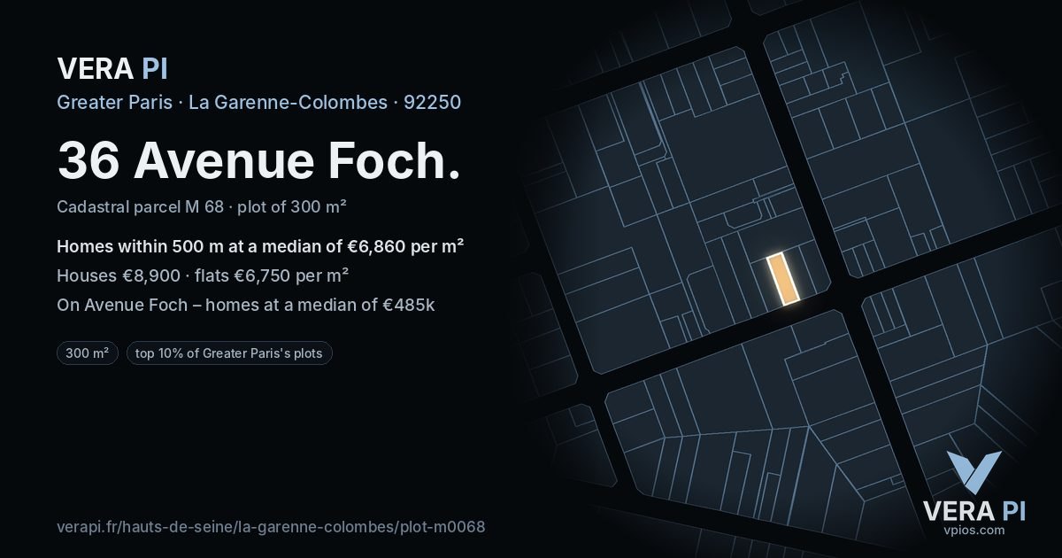 36 Avenue Foch, La Garenne-Colombes at night – the plot lit, the parcels around coloured by the prices near them
