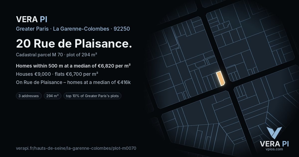 20 Rue de Plaisance, La Garenne-Colombes at night – the plot lit, the parcels around coloured by the prices near them