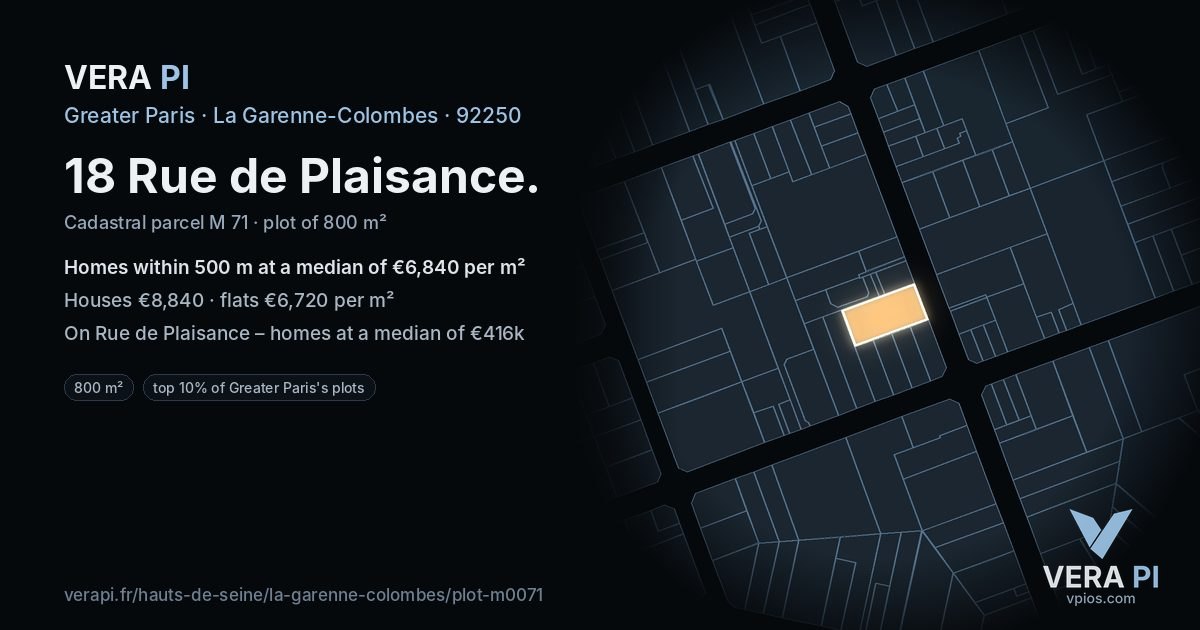 18 Rue de Plaisance, La Garenne-Colombes at night – the plot lit, the parcels around coloured by the prices near them