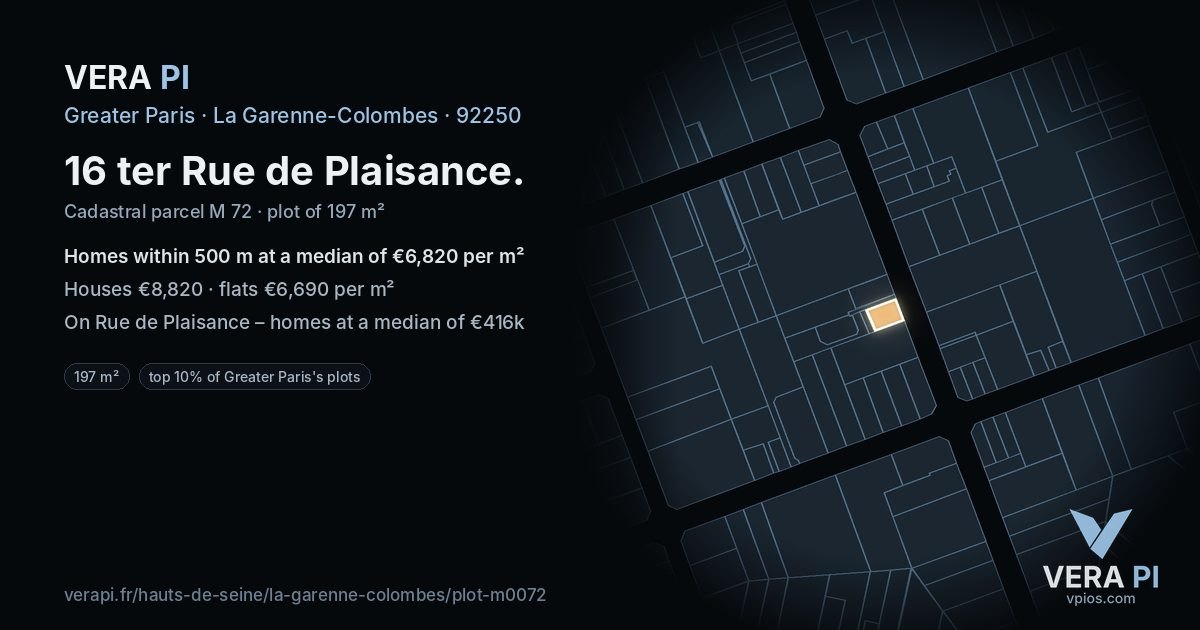 16 ter Rue de Plaisance, La Garenne-Colombes at night – the plot lit, the parcels around coloured by the prices near them