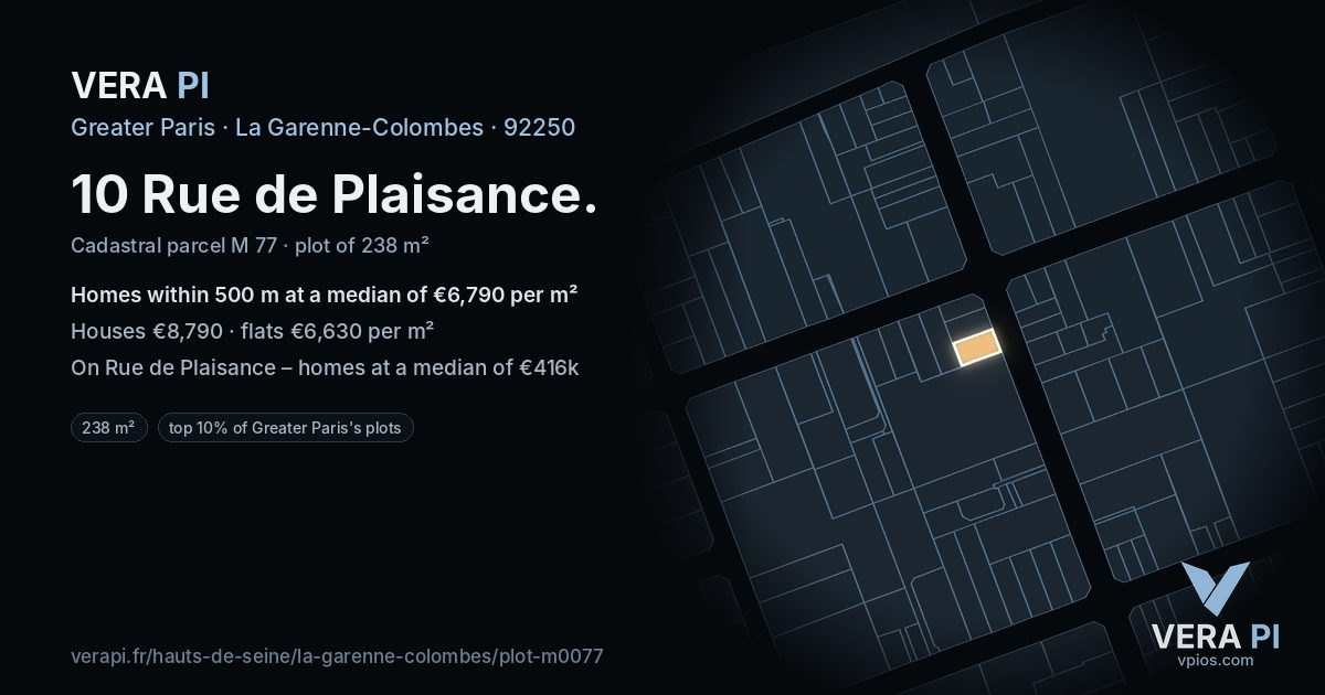10 Rue de Plaisance, La Garenne-Colombes at night – the plot lit, the parcels around coloured by the prices near them