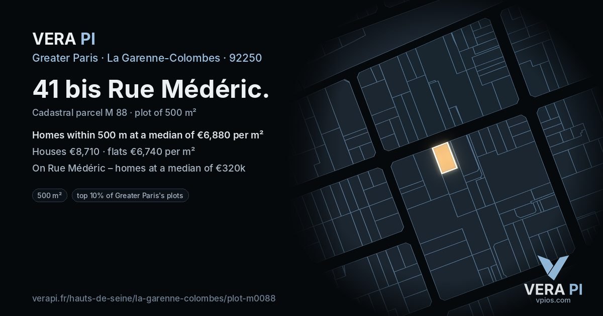 41 bis Rue Médéric, La Garenne-Colombes at night – the plot lit, the parcels around coloured by the prices near them