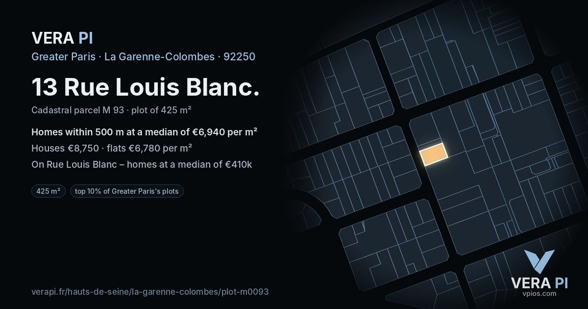 13 Rue Louis Blanc, La Garenne-Colombes at night – the plot lit, the parcels around coloured by the prices near them