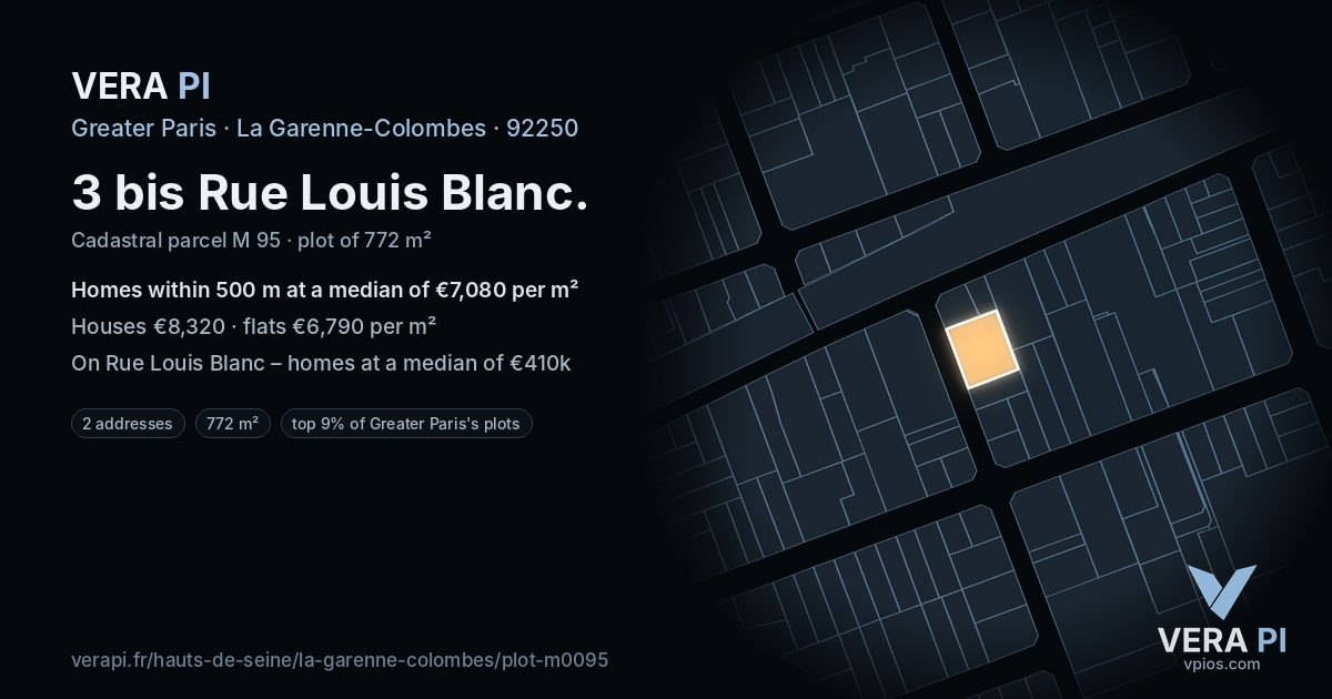 3 bis Rue Louis Blanc, La Garenne-Colombes at night – the plot lit, the parcels around coloured by the prices near them