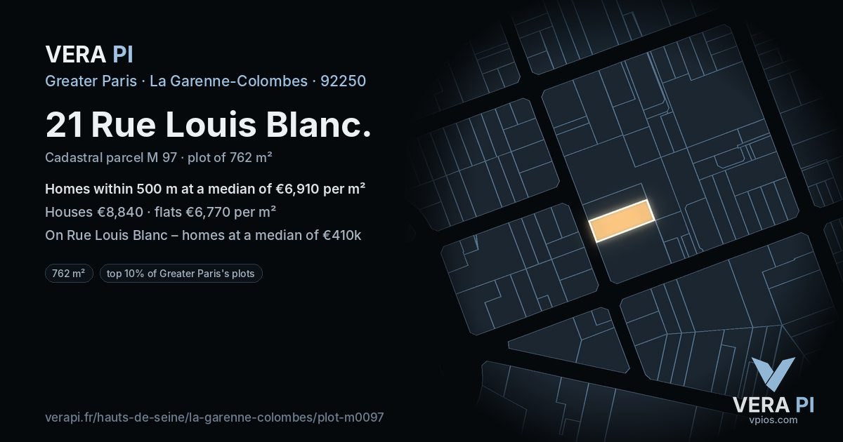 21 Rue Louis Blanc, La Garenne-Colombes at night – the plot lit, the parcels around coloured by the prices near them