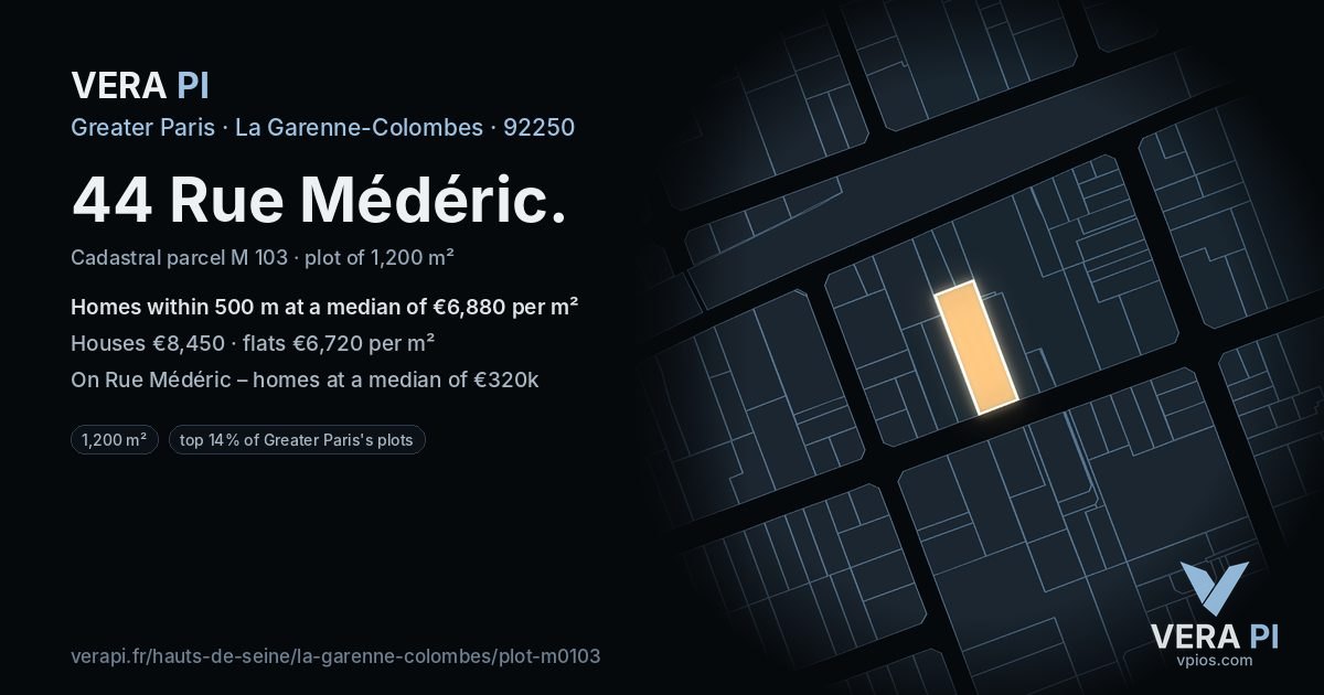 44 Rue Médéric, La Garenne-Colombes at night – the plot lit, the parcels around coloured by the prices near them