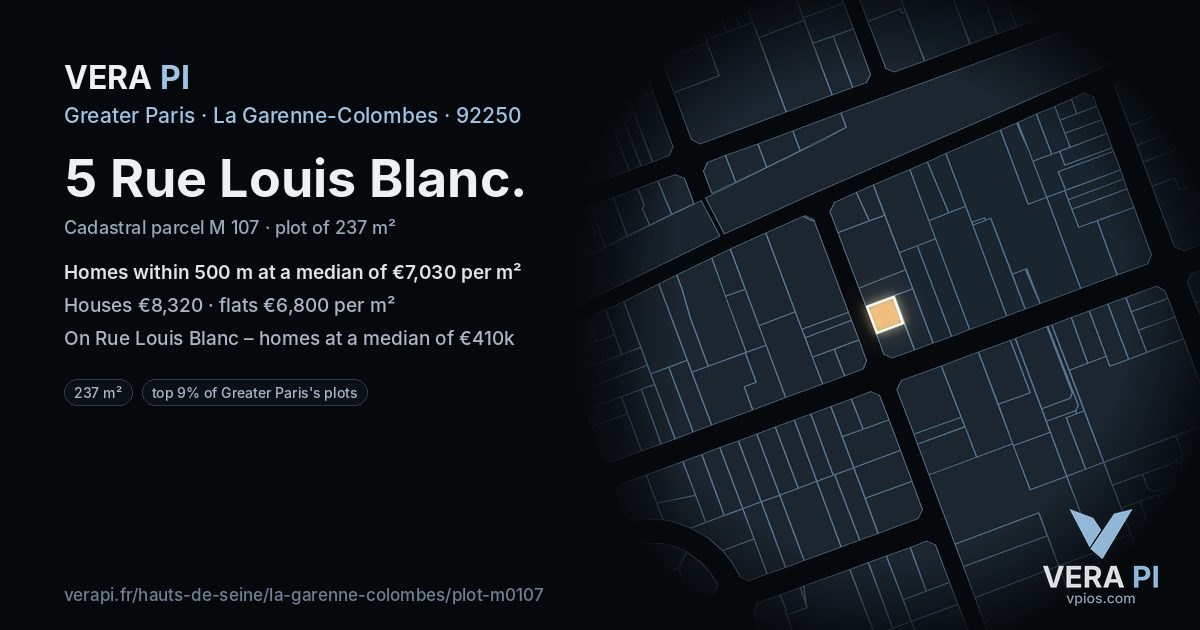 5 Rue Louis Blanc, La Garenne-Colombes at night – the plot lit, the parcels around coloured by the prices near them