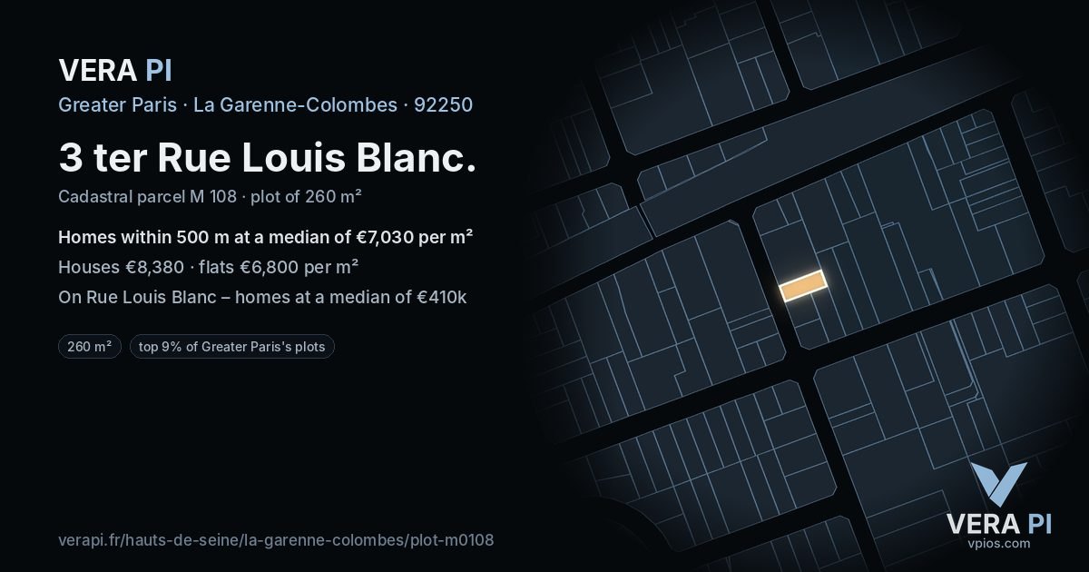 3 ter Rue Louis Blanc, La Garenne-Colombes at night – the plot lit, the parcels around coloured by the prices near them
