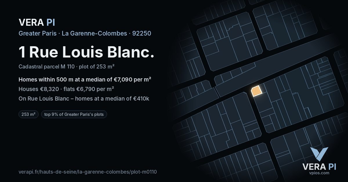 1 Rue Louis Blanc, La Garenne-Colombes at night – the plot lit, the parcels around coloured by the prices near them