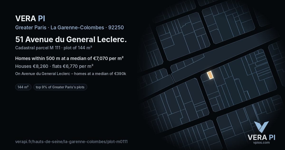 51 Avenue du General Leclerc, La Garenne-Colombes at night – the plot lit, the parcels around coloured by the prices near them