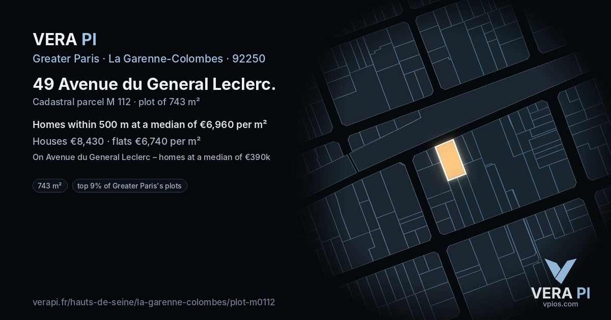 49 Avenue du General Leclerc, La Garenne-Colombes at night – the plot lit, the parcels around coloured by the prices near them