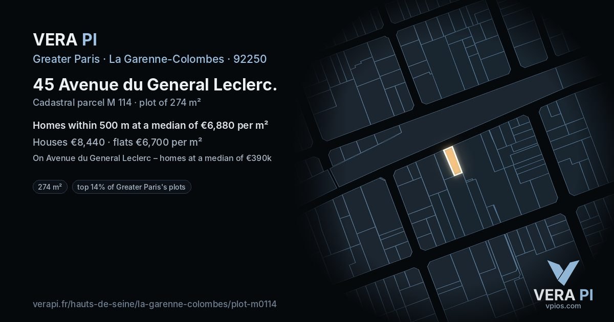 45 Avenue du General Leclerc, La Garenne-Colombes at night – the plot lit, the parcels around coloured by the prices near them