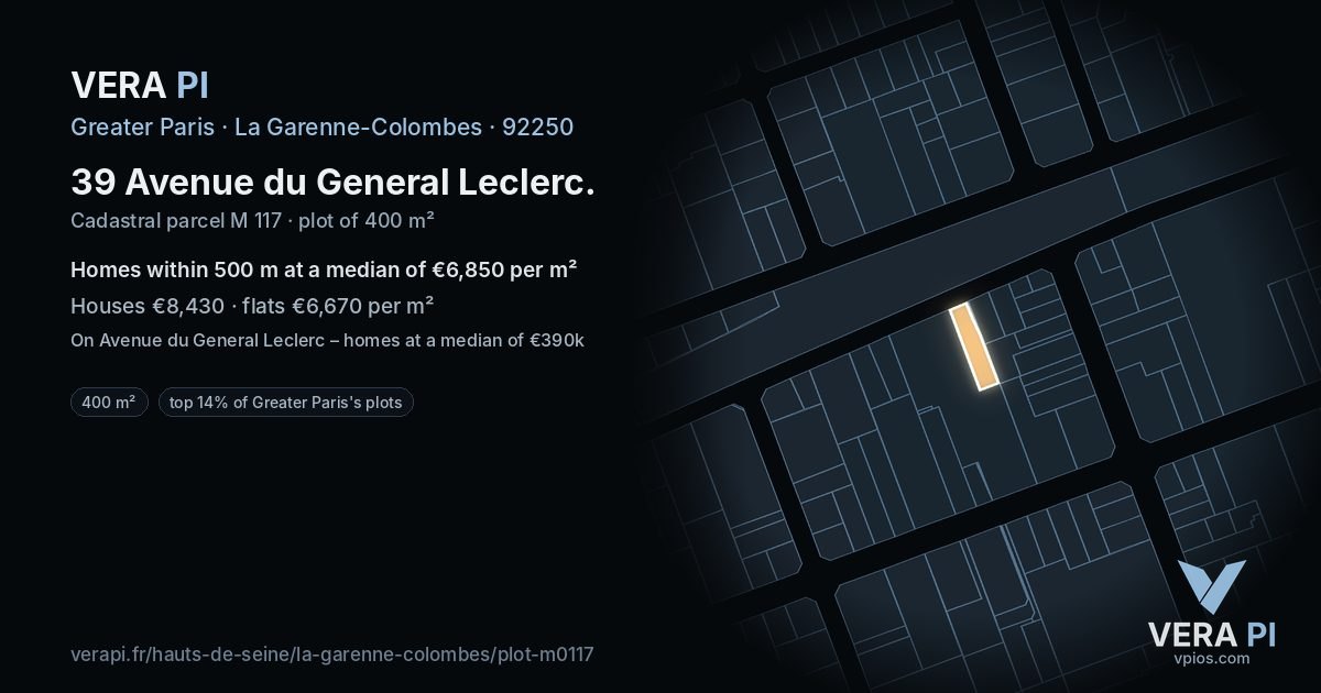 39 Avenue du General Leclerc, La Garenne-Colombes at night – the plot lit, the parcels around coloured by the prices near them