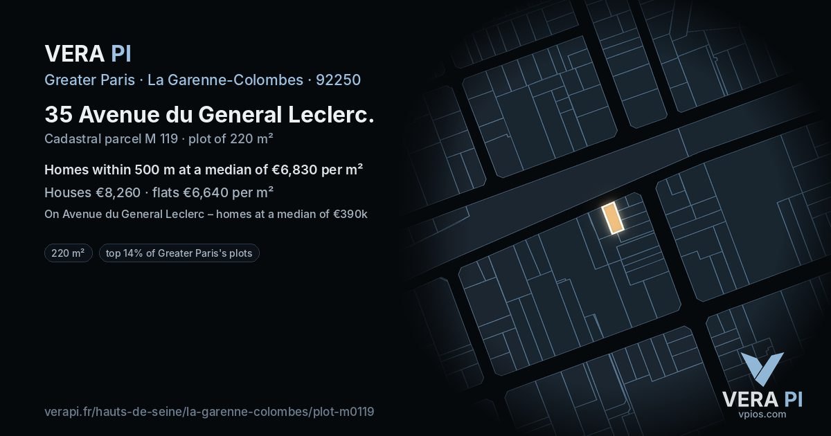 35 Avenue du General Leclerc, La Garenne-Colombes at night – the plot lit, the parcels around coloured by the prices near them